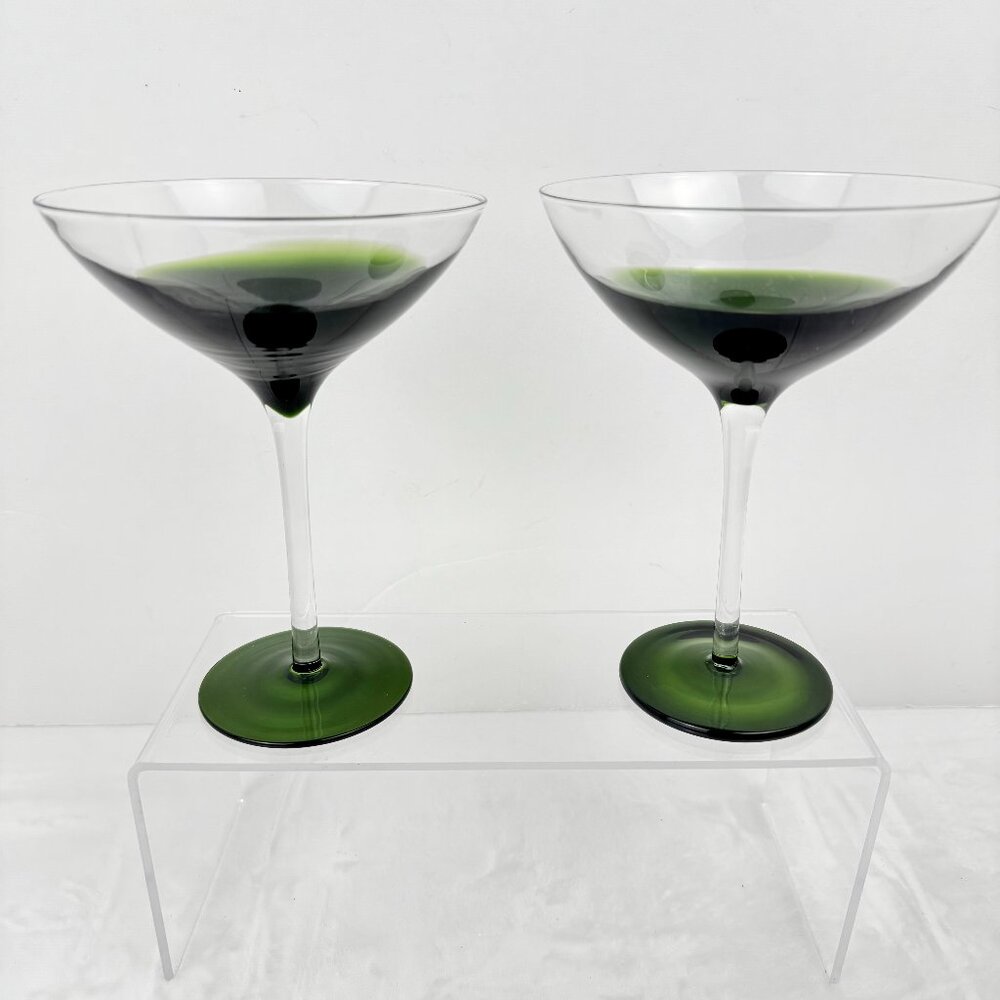 Pier 1 Elemental Green to Clear 7"  Martini Cocktail Glass Tall Stem Set 2 MCM